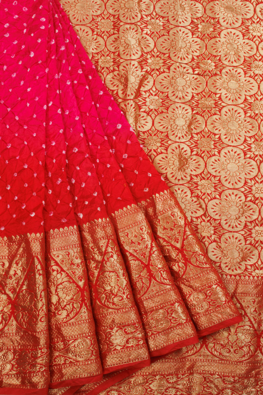 Hot Red Kanjivaram Pure Silk Bandhani Saree - Avishya