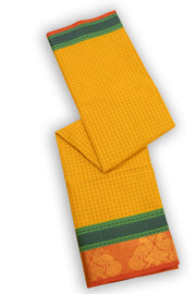 Golden Yellow Handloom Kanchi Cotton Saree with Checks And Peacock Border 10076459