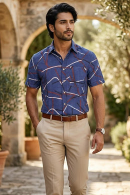 Blue Half Sleeve Ajrakh Printed Cotton Mens Shirt 10076825