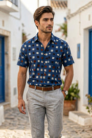 Blue Half Sleeve Ajrakh Printed Cotton Mens Shirt  10076826