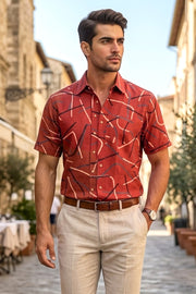 Red Half Sleeve Ajrakh Printed Cotton Mens Shirt 10076827