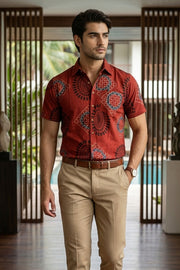 Red Half Sleeve Ajrakh Printed Cotton Mens Shirt 10076828