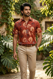Rust Red Half Sleeve Ajrakh Printed Cotton Mens Shirt 10076831
