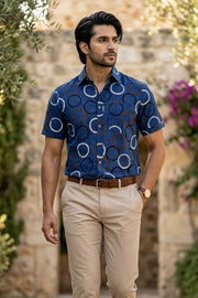 Ink Blue Half Sleeve Ajrakh Printed Cotton Mens Shirt 10076832
