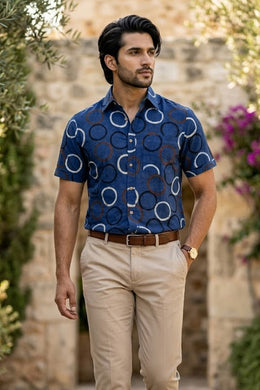 Ink Blue Half Sleeve Ajrakh Printed Cotton Mens Shirt 10076832