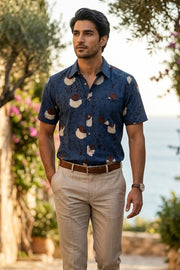 Blue Half Sleeve Ajrakh Printed Cotton Mens Shirt 10076834