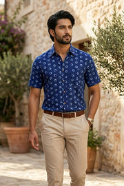 Dark Blue Indigo Handblock Print Cotton Mens Half Sleeve Shirt 10076839