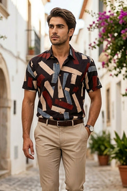 Black Half Sleeve Ajrakh Printed Cotton Mens Shirt 10076830