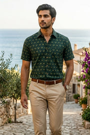 Green Indigo Handblock Print Cotton Mens Half Sleeve Shirt 10076844