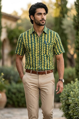 Indigo Handblock Printed Half Sleeve Men's Cotton Shirt 10076845