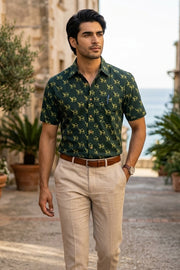 Green Indigo Handblock Print Cotton Mens Half Sleeve Shirt 10076847