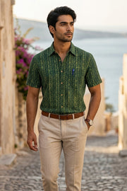 Green Indigo Hand block Print Cotton Mens Half Sleeve Shirt 10076848