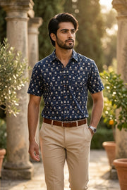  Blue Jahota Printed Half Sleeve Cotton Men's Shirt 10076851