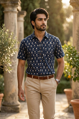  Blue Jahota Printed Half Sleeve Cotton Men's Shirt 10076851