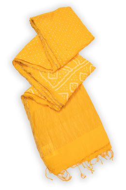 Yellow Green Bandhani Khadi Cotton Saree 10076915