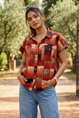 Red Ajrakh Printed Oversized Women Shirt 10077077