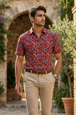 Red Half Sleeve Batik Printed Cotton Mens Shirt 10077079