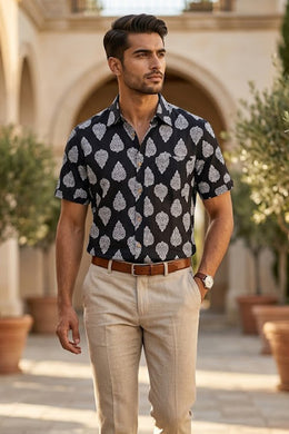 Black Half Sleeve Hand Block Printed Cotton Mens Shirt 10077080