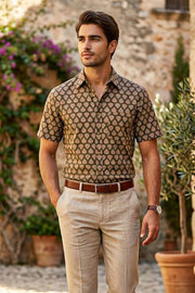 Olive Green Half Sleeve Hand Block Printed Cotton Mens Shirt 10077081