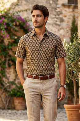Olive Green Half Sleeve Hand Block Printed Cotton Mens Shirt 10077081