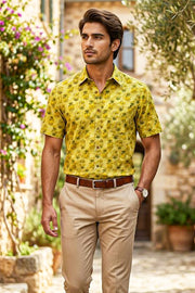 Lime Green Half Sleeve Hand Block Printed Cotton Mens Shirt 10077082