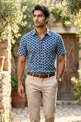 Blue Half Sleeve Hand Block Printed Cotton Mens Shirt 10077083