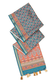 Peacock Blue Printed Semi Tussar Silk Saree 10077222