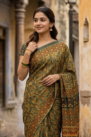 Forest Green Ajrakh Printed Mulmul Cotton Saree 10077399