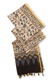 Cream Ajrakh Printed Mulmul Cotton Saree With Floral Border 10077400