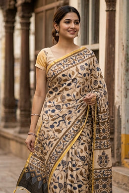 Cream Ajrakh Printed Mulmul Cotton Saree With Floral Border 10077400
