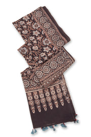 Black Ajrakh Printed Mulmul Cotton Saree 10077401
