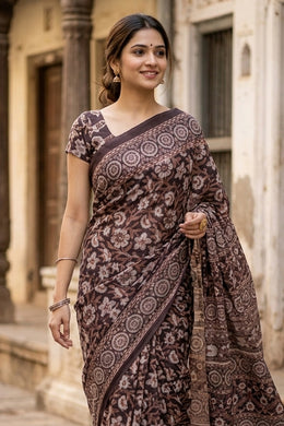 Black Ajrakh Printed Mulmul Cotton Saree 10077401