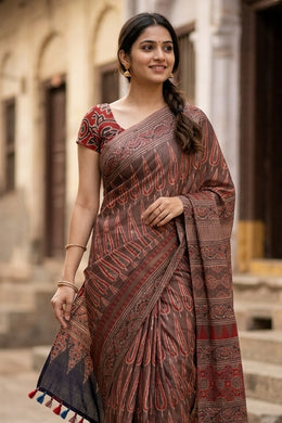 Brown Ajrakh Printed Mulmul Cotton Saree With Floral Border 10077402