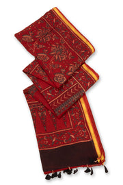 Bright Red Ajrakh Printed Mulmul Cotton Saree With Floral Border 10077403