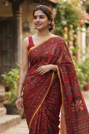 Bright Red Ajrakh Printed Mulmul Cotton Saree With Floral Border 10077403