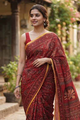 Bright Red Ajrakh Printed Mulmul Cotton Saree With Floral Border 10077403