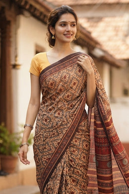 Red Ajrakh Printed Mulmul Cotton Saree 10077404
