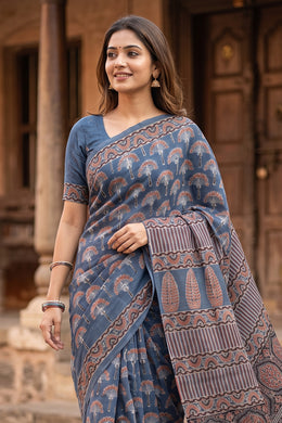 Blue Ajrakh Printed Mulmul Cotton Saree 10077405