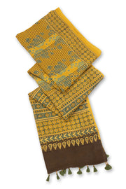 Yellow Ajrakh Printed Mulmul Cotton Saree 10077407