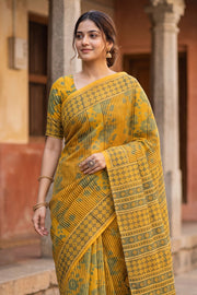 Yellow Ajrakh Printed Mulmul Cotton Saree 10077407