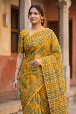 Yellow Ajrakh Printed Mulmul Cotton Saree 10077407