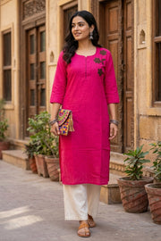 Bright Pink Handcrafted Solid Style Embroidered Cotton Kurta 10077408
