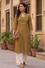 Mustard Brown Handcrafted Solid Style Embroidered Cotton Kurta 10077409