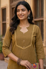 Mustard Brown Handcrafted Solid Style Embroidered Cotton Kurta 10077409