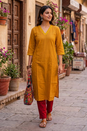 Yellow Handcrafted Solid Style Embroidered Cotton Kurta 10077411