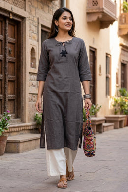 Grey Handcrafted Solid Style Embroidered Cotton Kurta 10077414