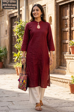 Maroon Handcrafted Solid Style Embroidered Cotton Kurta 10077415