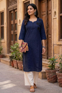 Blue Handcrafted Solid Style Embroidered Cotton Kurta 10077416