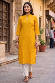 Sunflower Yellow Handcrafted Solid Style Embroidered Cotton Kurta 10077417