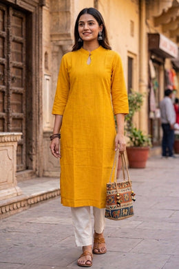 Sunflower Yellow Handcrafted Solid Style Embroidered Cotton Kurta 10077417